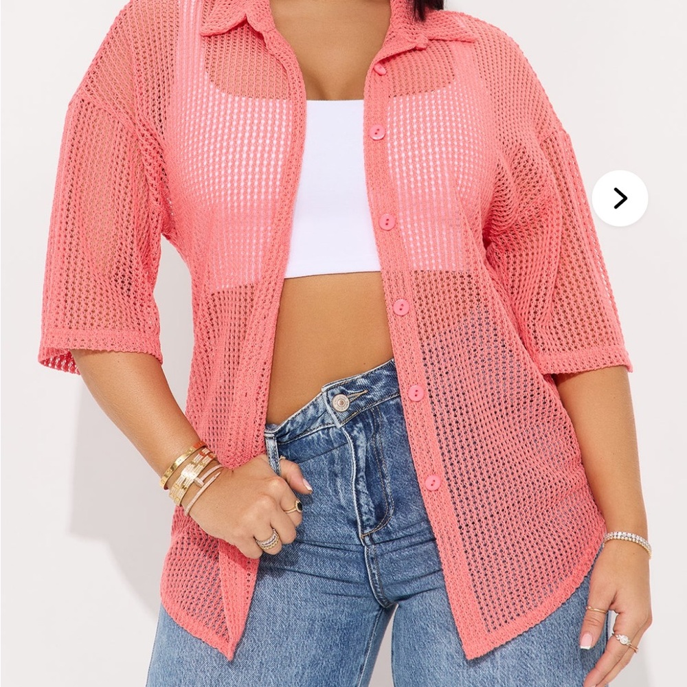 Coral Mesh Button-Up Shirt
